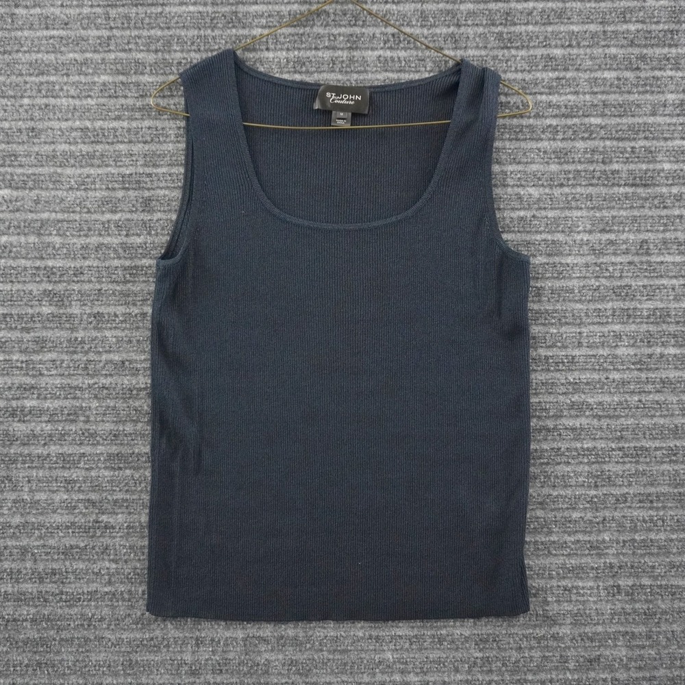 St. John Couture Tank Top Womens Medium Navy Ribbed Metallic Knit Scoop Neck